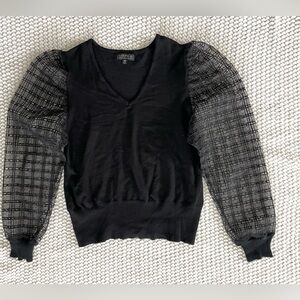 Joseph A Black V-Neck Sweater Sheer Statement Grid Mesh Sleeves Modern Chic